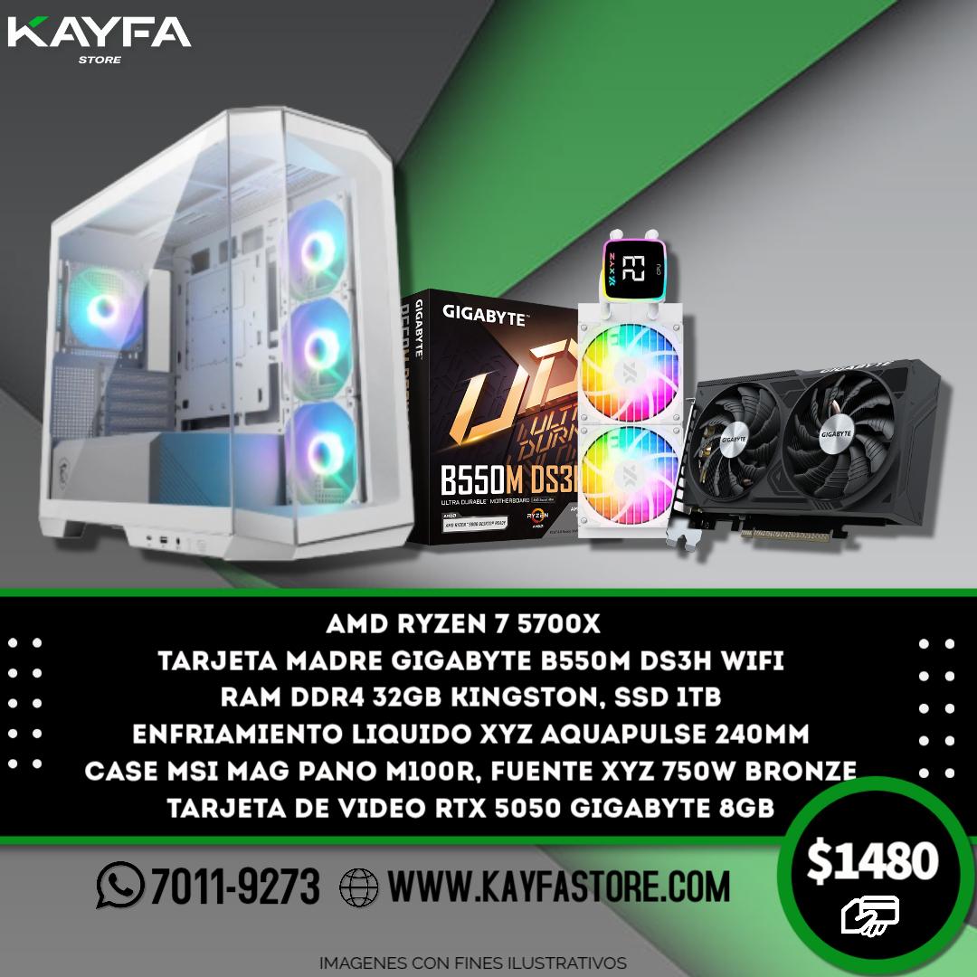AMD RYZEN 7 5700X  

TARJETA MADRE GIGABYTE B550M DS3H wifi

RAM DDR4 32GB KINGSTON, SSD 1TB

ENFRIAMIENTO LIQUIDO XYZ AQUAPULSE 240MM

CASE MSI MAG PANO M100R, fuente xyz 750w bronze

TARJETA DE VIDEO RTX 5050 GIGABYTE 8GB