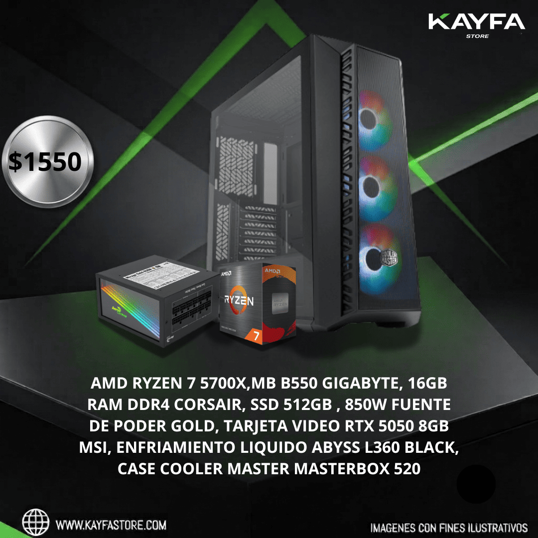 AMD RYZEN 7 5700X,MB B550 GIGABYTE, 16GB RAM DDR4 CORSAIR, SSD 512GB , 850W FUENTE DE PODER GOLD, TARJETA VIDEO RTX 5050 8GB MSI, ENFRIAMIENTO LIQUIDO ABYSS L360 BLACK, CASE COOLER MASTER MASTERBOX 520