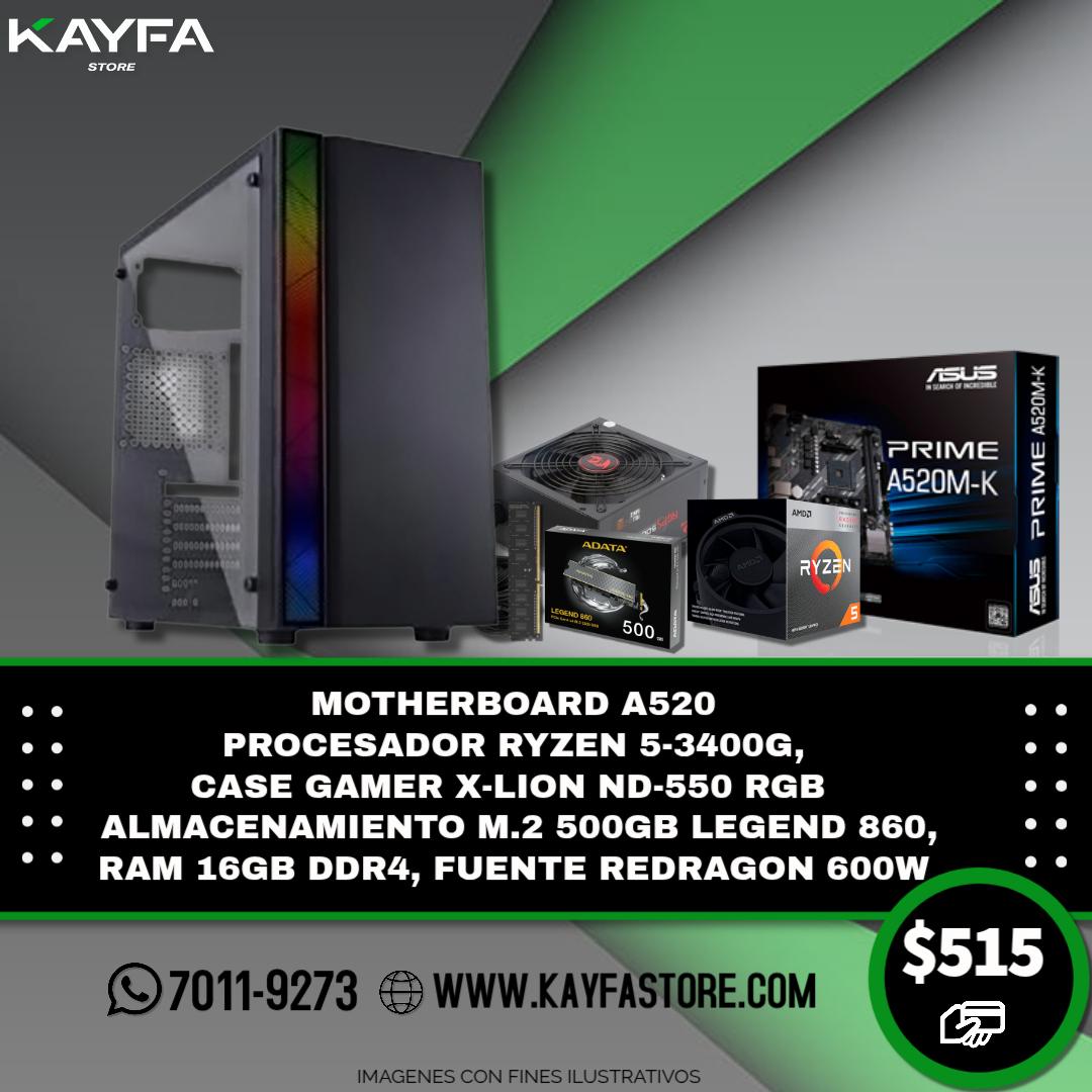 CASE GAMER X-LION ND-550 RGB 
MOTHERBOARD ASUS A520
PROCESADOR RYZEN 5-3400G
ALMACENAMIENTO M.2 500GB LEGEND 860
RAM 16GB DDR4
FUENTE REDRAGON 600W