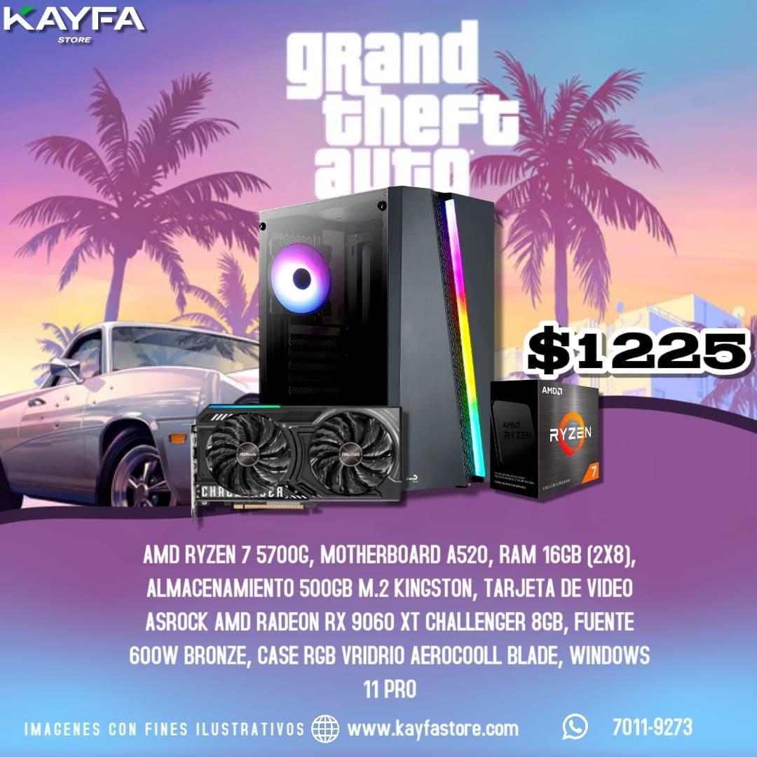 PC M-TEK AMD RYZEN 7 5700G, A520M, 16GB RAM DDR4 2X8, 500GB M.2 KINGSTON, 600W FUENTE DE PODER 80 PLUS, CASE RGB VIDRIO AEROCOLL,GRAFICA ASROCK AMD RADEON 9060XT 8GB GDDR6, WINDOWS 11 PRO