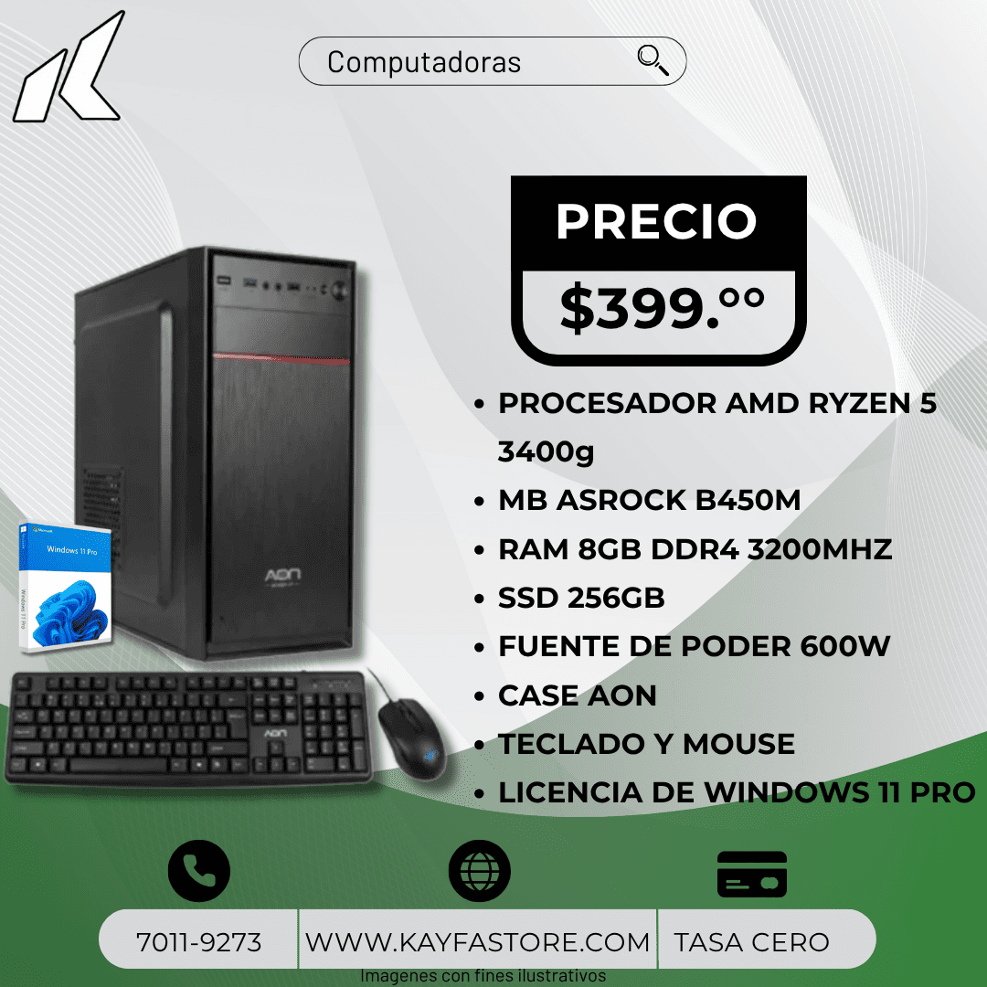 PROCESADOR AMD RYZEN 5 3400g
MB ASROCK B450M
RAM 8GB DDR4 3200MHZ 
SSD 256GB
FUENTE DE PODER 600W
CASE AON 
TECLADO Y MOUSE
LICENCIA DE WINDOWS 11 PRO