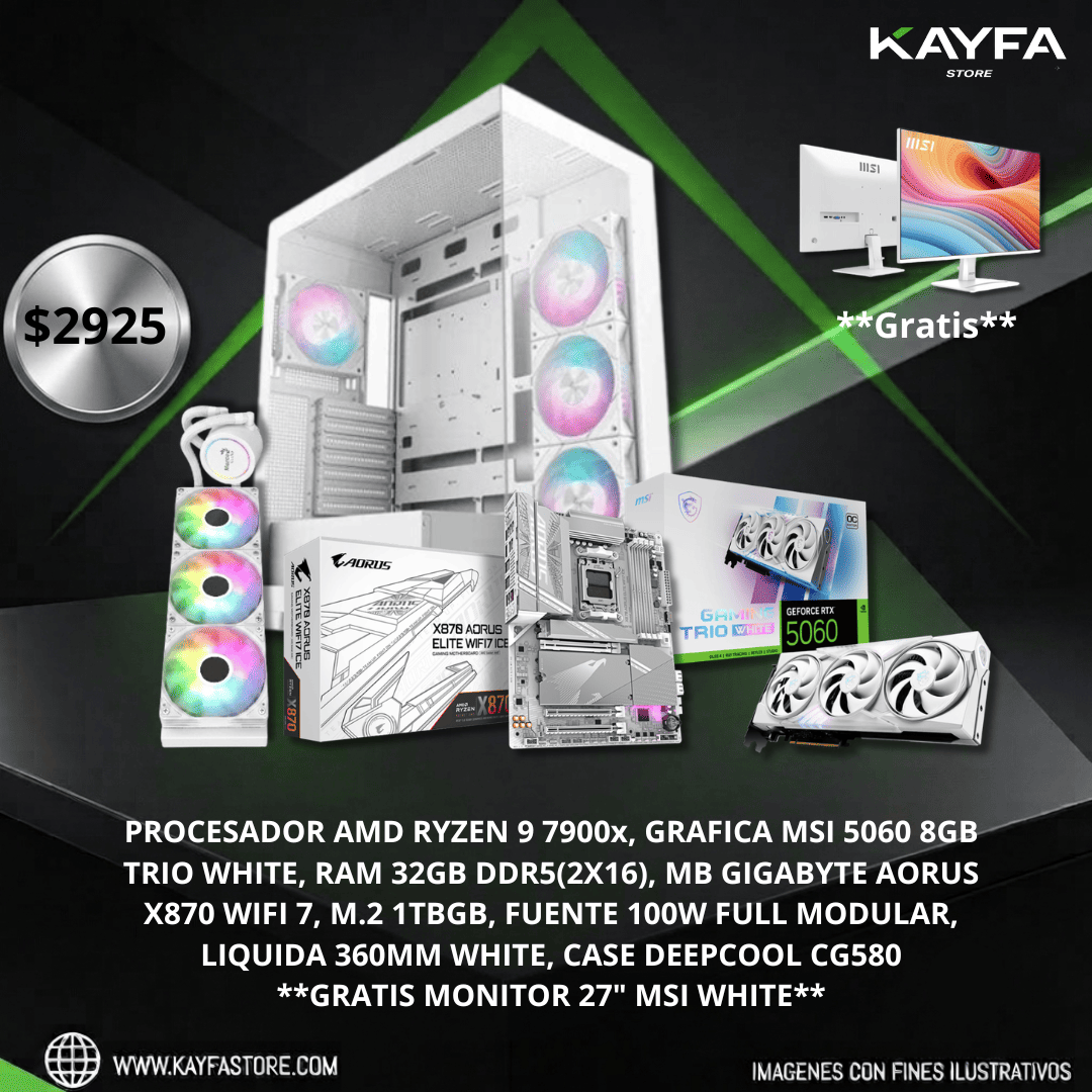PROCESADOR AMD RYZEN 9 7900x, GRAFICA MSI 5060 8GB TRIO WHITE, RAM 32GB DDR5(2X16), MB GIGABYTE AORUS X870 WIFI 7, M.2 1TBGB, FUENTE 100W FULL MODULAR, LIQUIDA 360MM WHITE, CASE DEEPCOOL CG580
**GRATIS MONITOR 27" MSI WHITE**