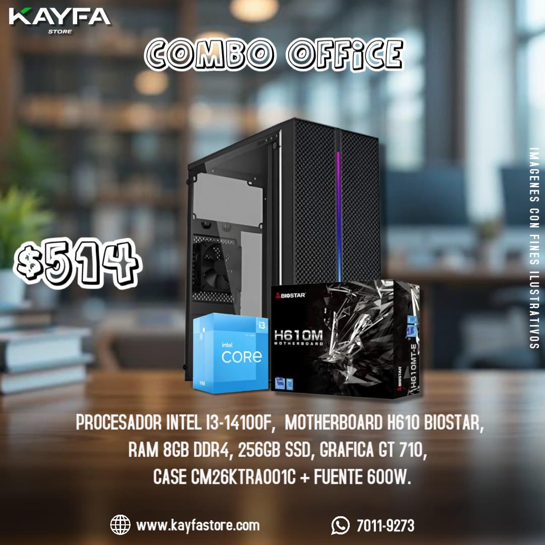 PROCESADOR INTEL I3-14100F,  MOTHERBOARD H610 BIOSTAR, RAM 8GB DDR4, 256GB SSD, GRAFICA GT 710, 
CASE CM26KTRA001C + FUENTE 600W.