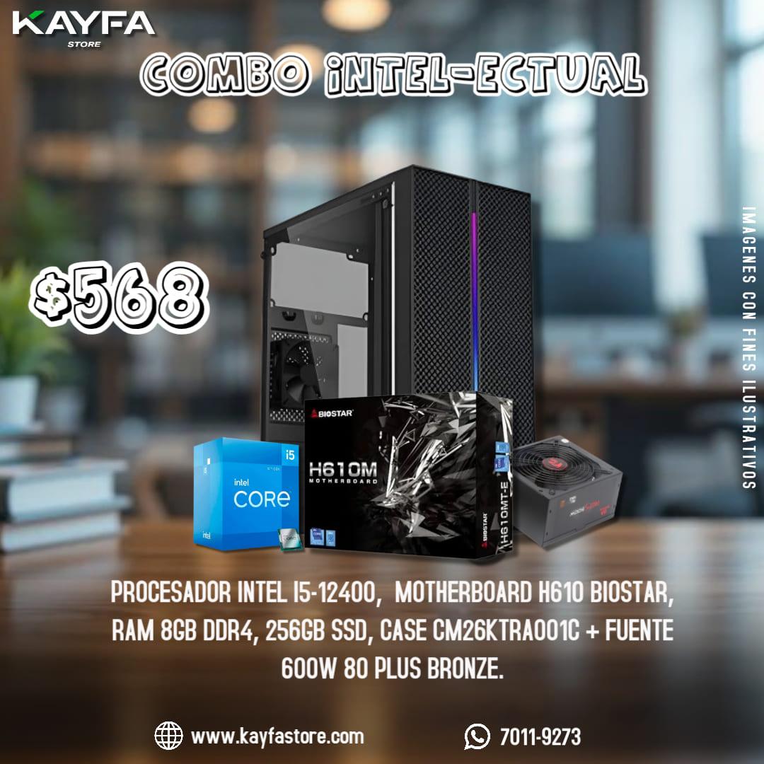 PROCESADOR INTEL I5-12400,  MOTHERBOARD H610 BIOSTAR, RAM 8GB DDR4, 256GB SSD, CASE CM26KTRA001C + FUENTE 600W 80 PLUS BRONZE.